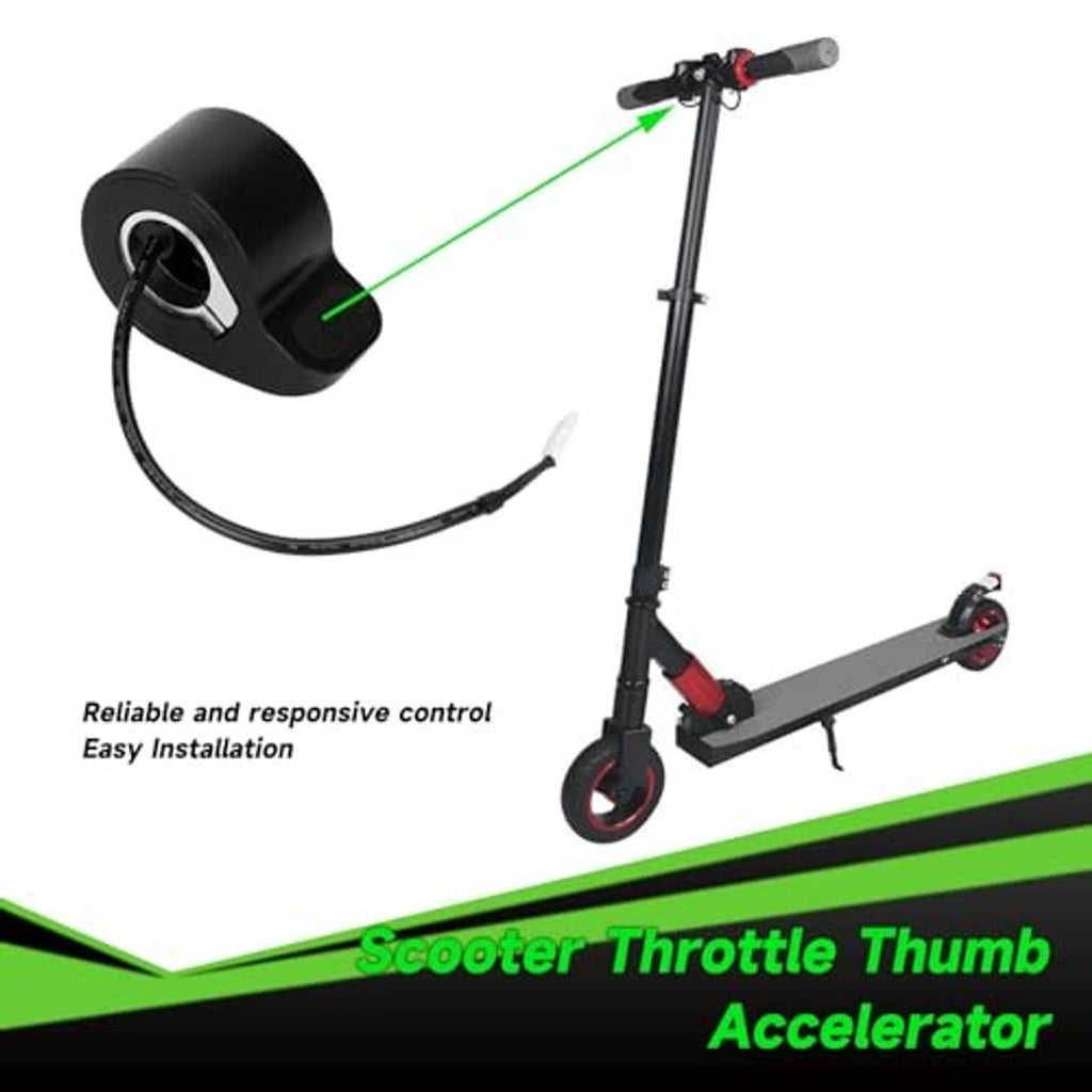 Black thumb throttle mounted on scooter handlebar with attached cable