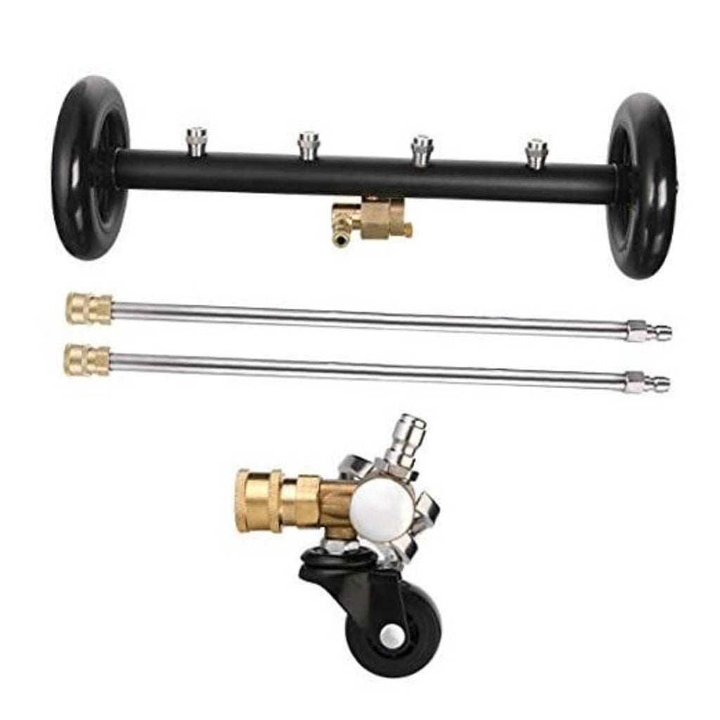 Dual-function undercarriage cleaner attachment set with black wheels and silver extension wands