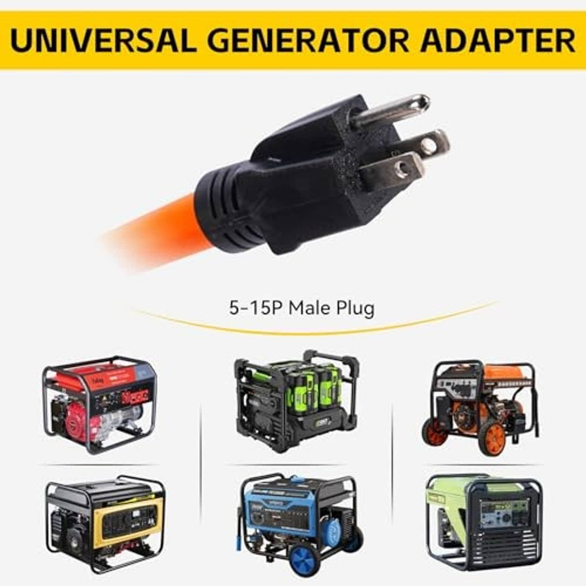 Black generator adapter plug with 3-prong male end on orange cord