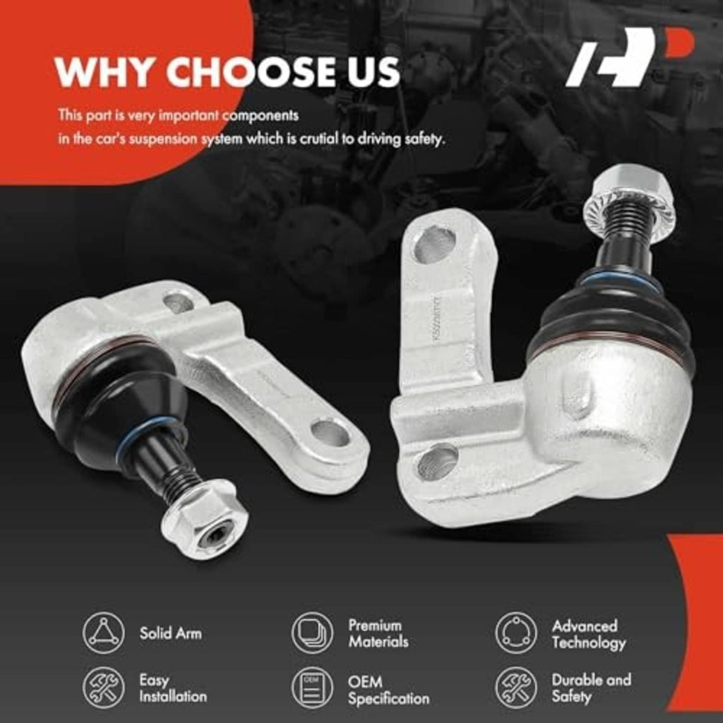 Front upper ball joint pair with silver arms and black rubber boots, separated view