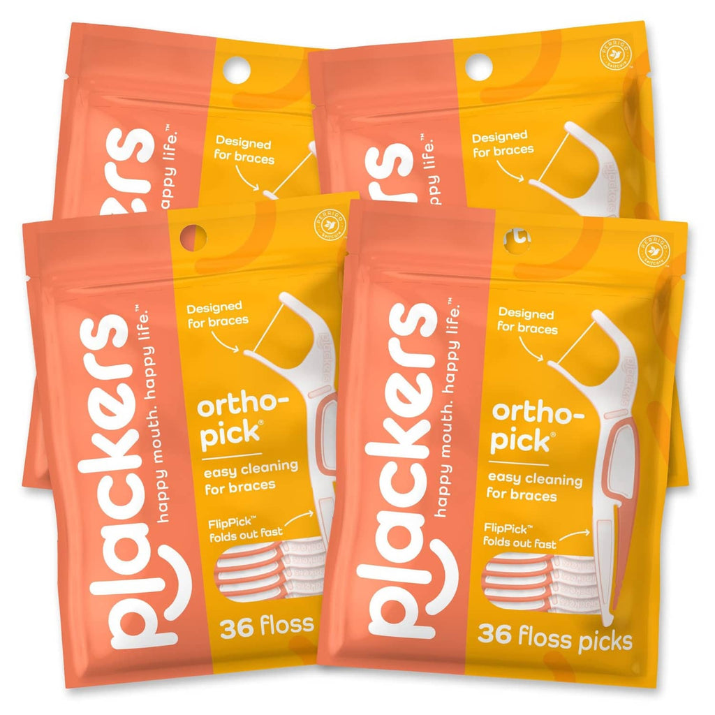 Pack of Plackers orthopick unflavored floss picks for braces, orange and yellow pouches