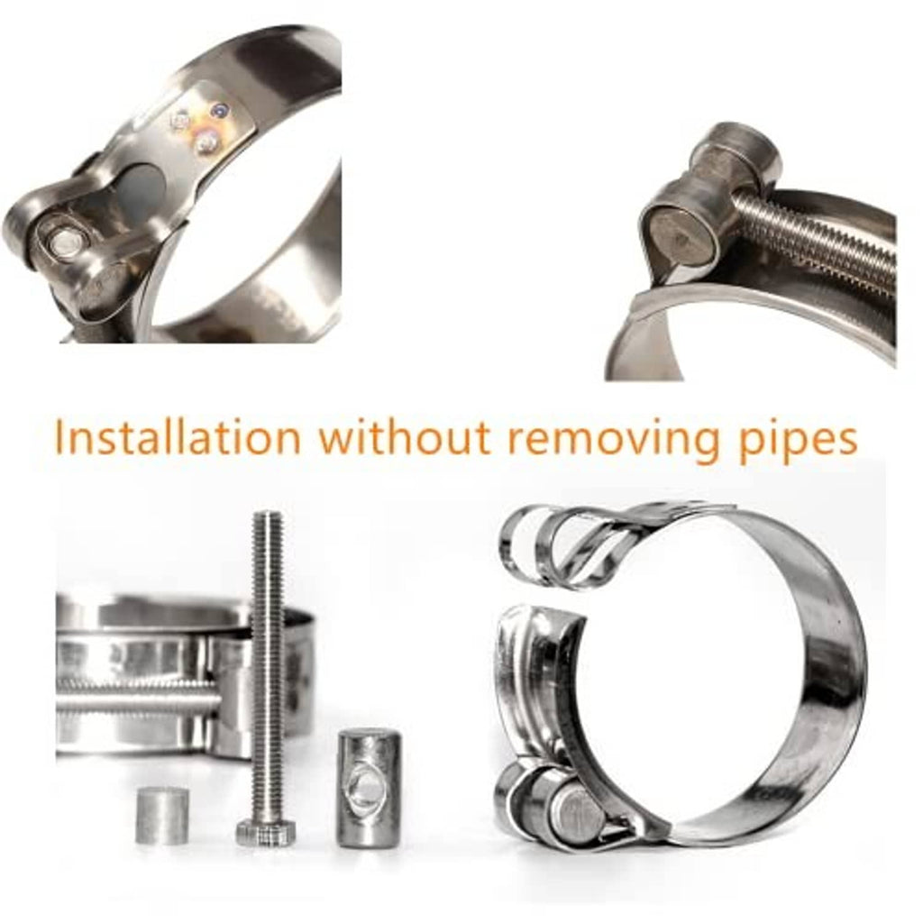 Stainless steel T-bolt hose clamp with long threaded screw and side brackets
