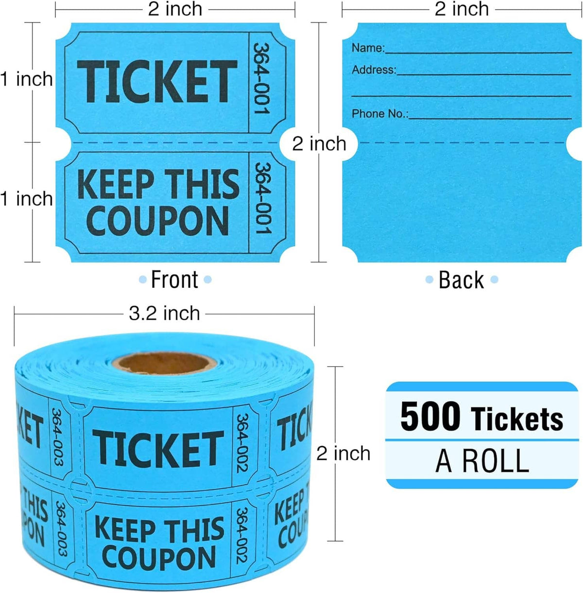 Blue raffle ticket roll showing front and back coupon designs with “TICKET” and “KEEP THIS COUPON”