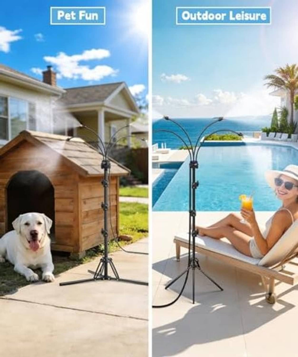 Outdoor standing misting system on a black tripod with multiple spray nozzles