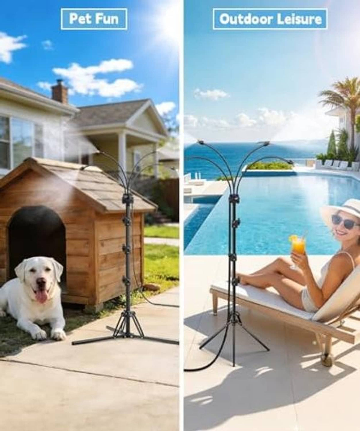 Outdoor standing misting system on a black tripod with multiple spray nozzles