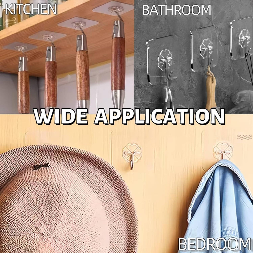 Transparent adhesive wall hooks with metal ends, used in kitchen and bathroom scenes