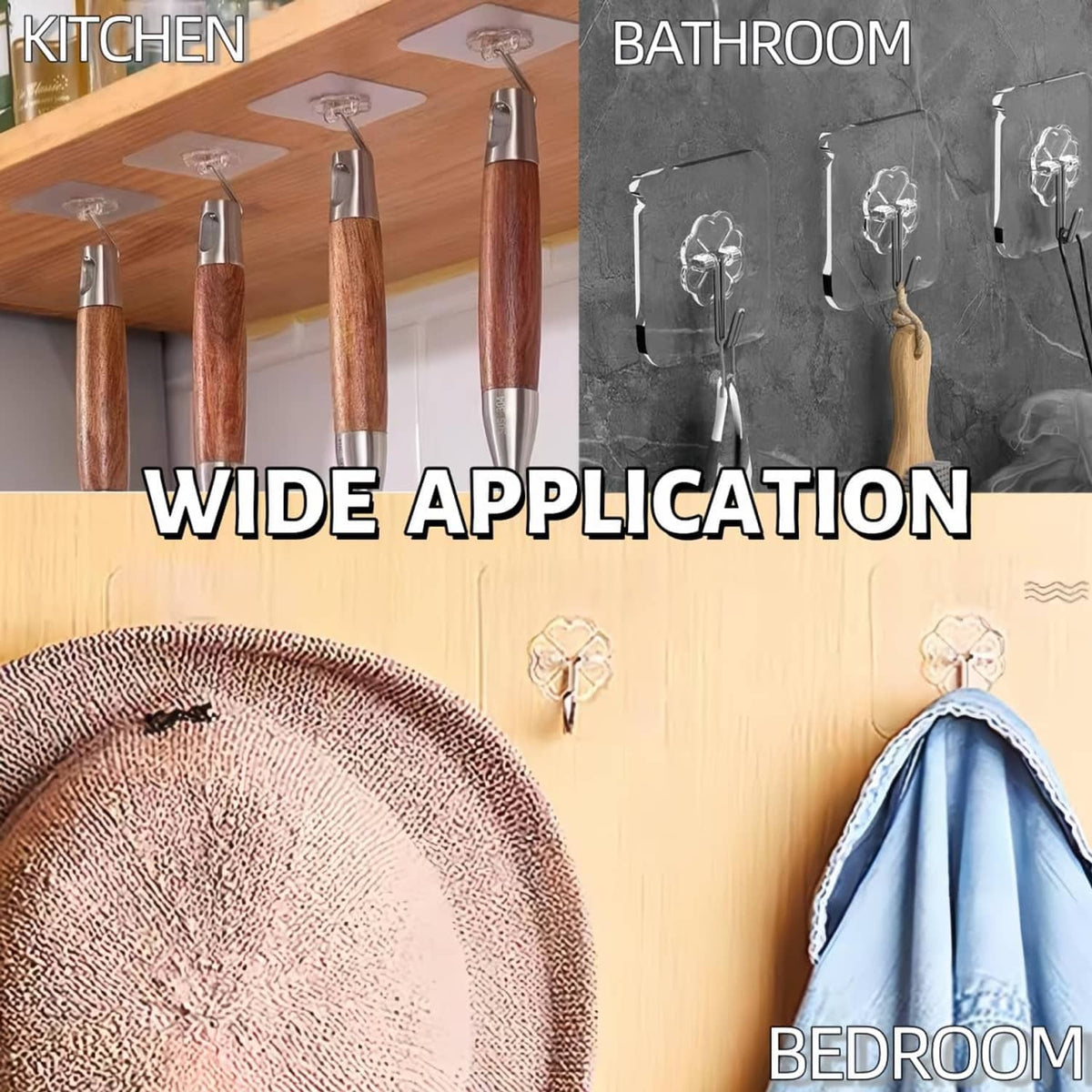 Transparent adhesive wall hooks with metal ends, used in kitchen and bathroom scenes