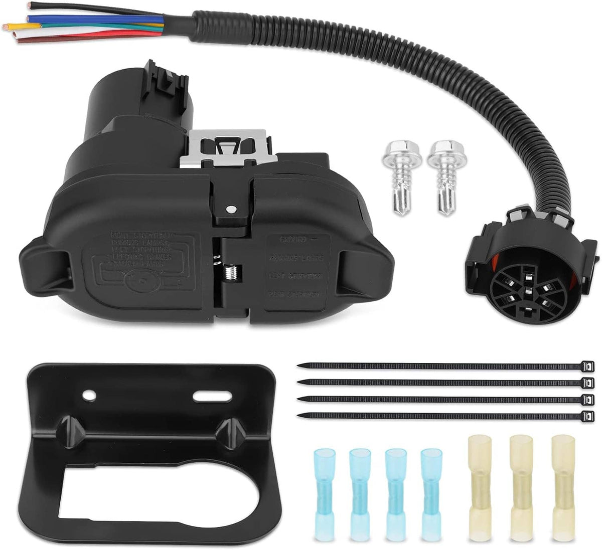 Black 7-pin trailer connector kit with corrugated wire loom, bracket, bolts, and terminals