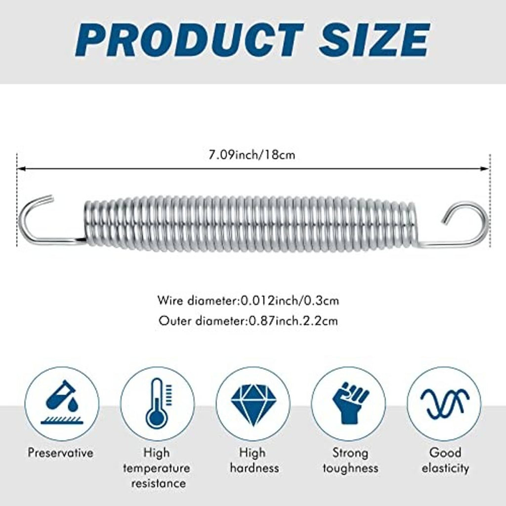Trampoline spring size: 7.09 in length, 0.012 in wire diameter, 0.87 in outer diameter