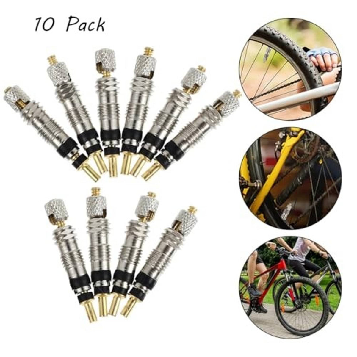 Valve core removal tool set, 10-pack of chrome tools with knurled caps and gold tips