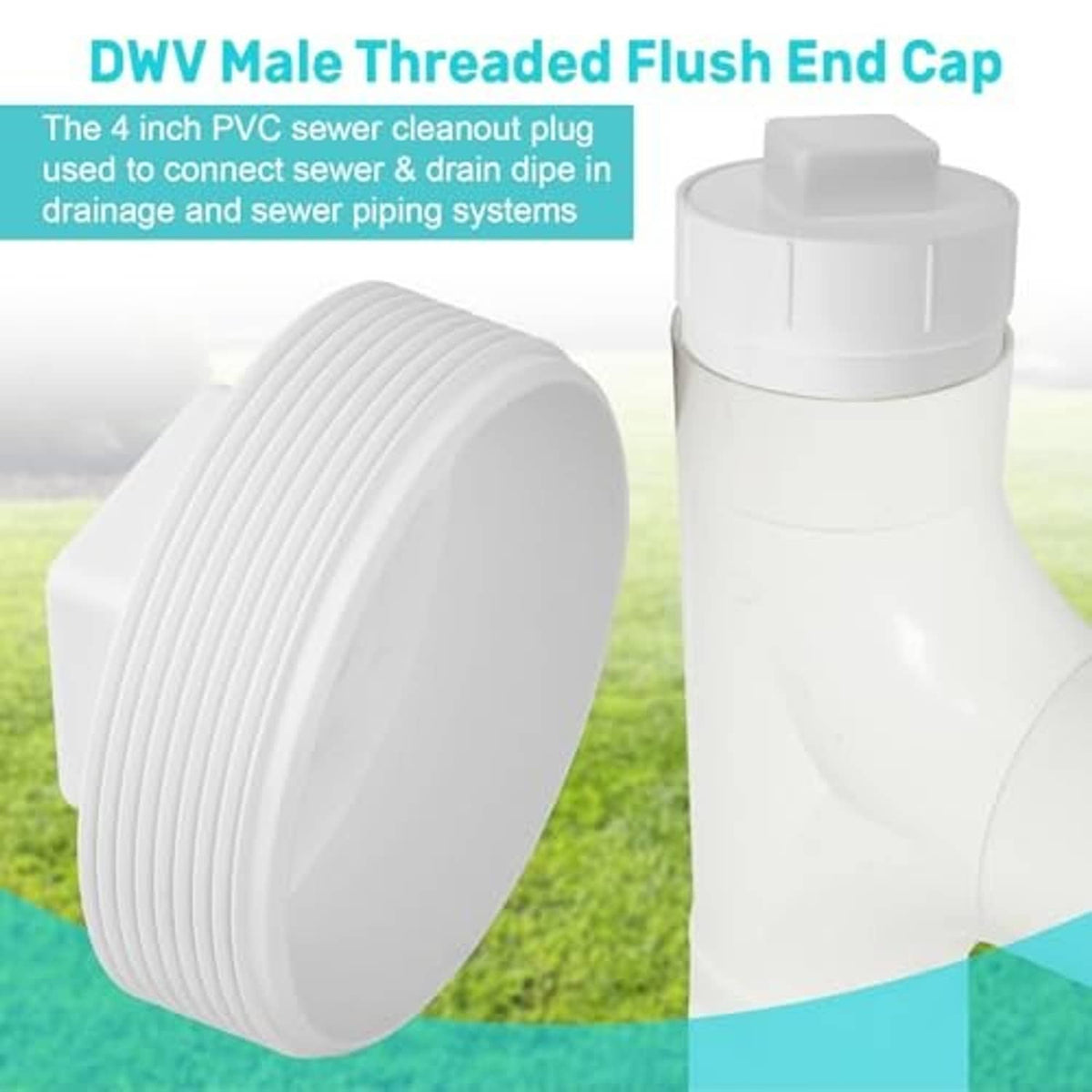 White PVC male threaded flush end cap with ribbed exterior threads and square recess