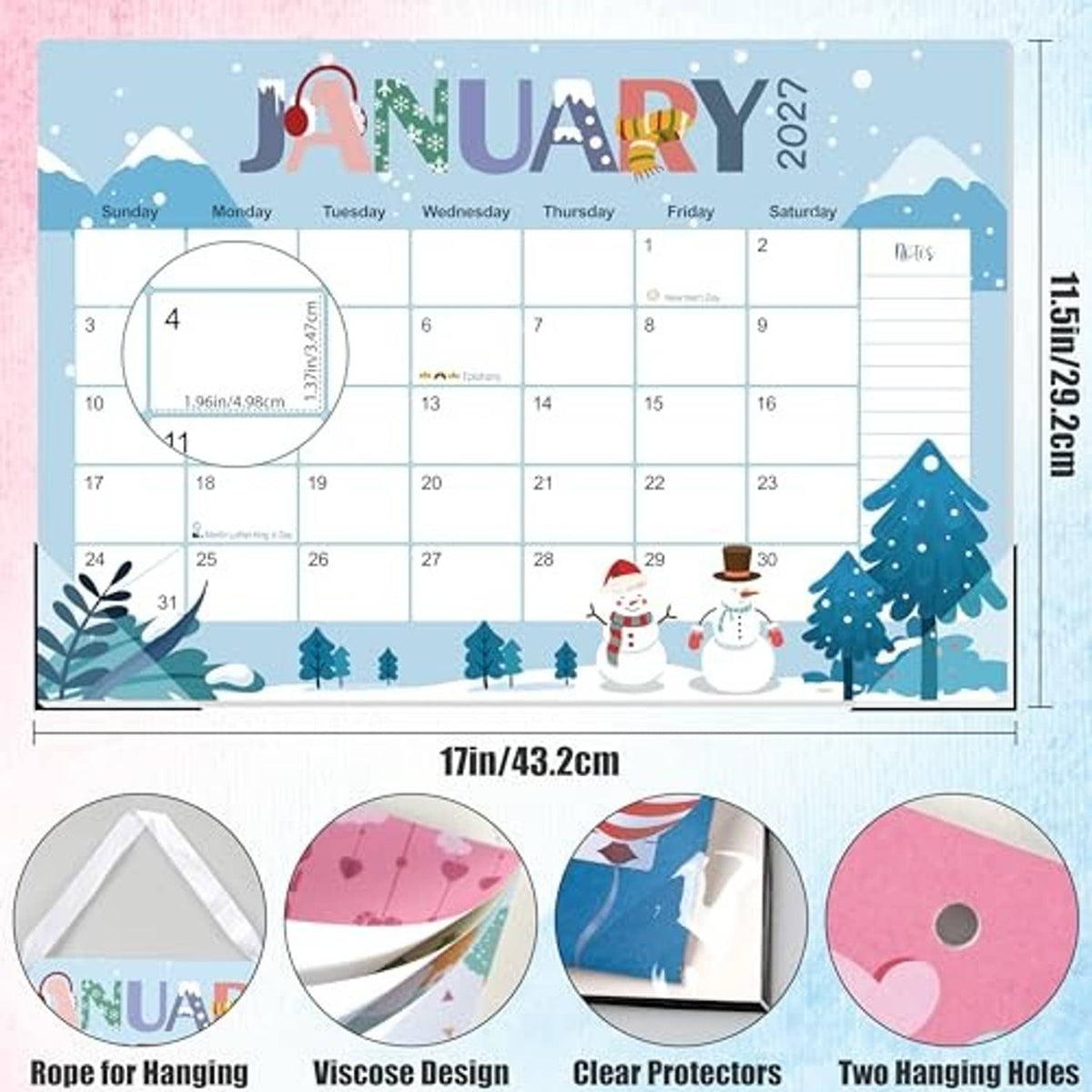 January 2027 desk calendar with date grid, hanging rope option, and clear corner protectors
