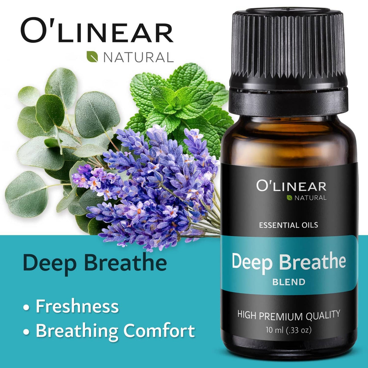 Essential oil blend bottle with ribbed black cap; dark amber glass; teal Deep Breathe label