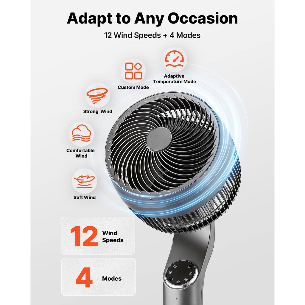 9-inch pedestal fan with circular grille and control panel, airflow graphic shown