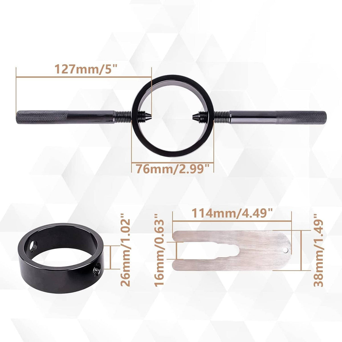 Fork spring compressor tool kit with black clamp ring, textured rods, and silver support plates