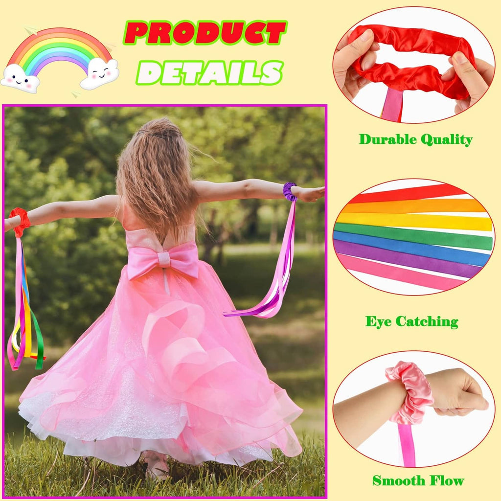 Rainbow ribbon streamer set, close-up of flowing multicolor ribbons and rosette ties