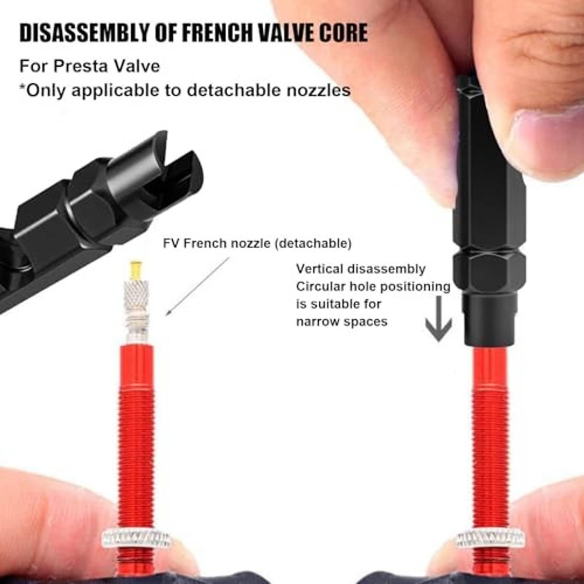 Black Presta valve core removal tool with side cutout for valve core disassembly