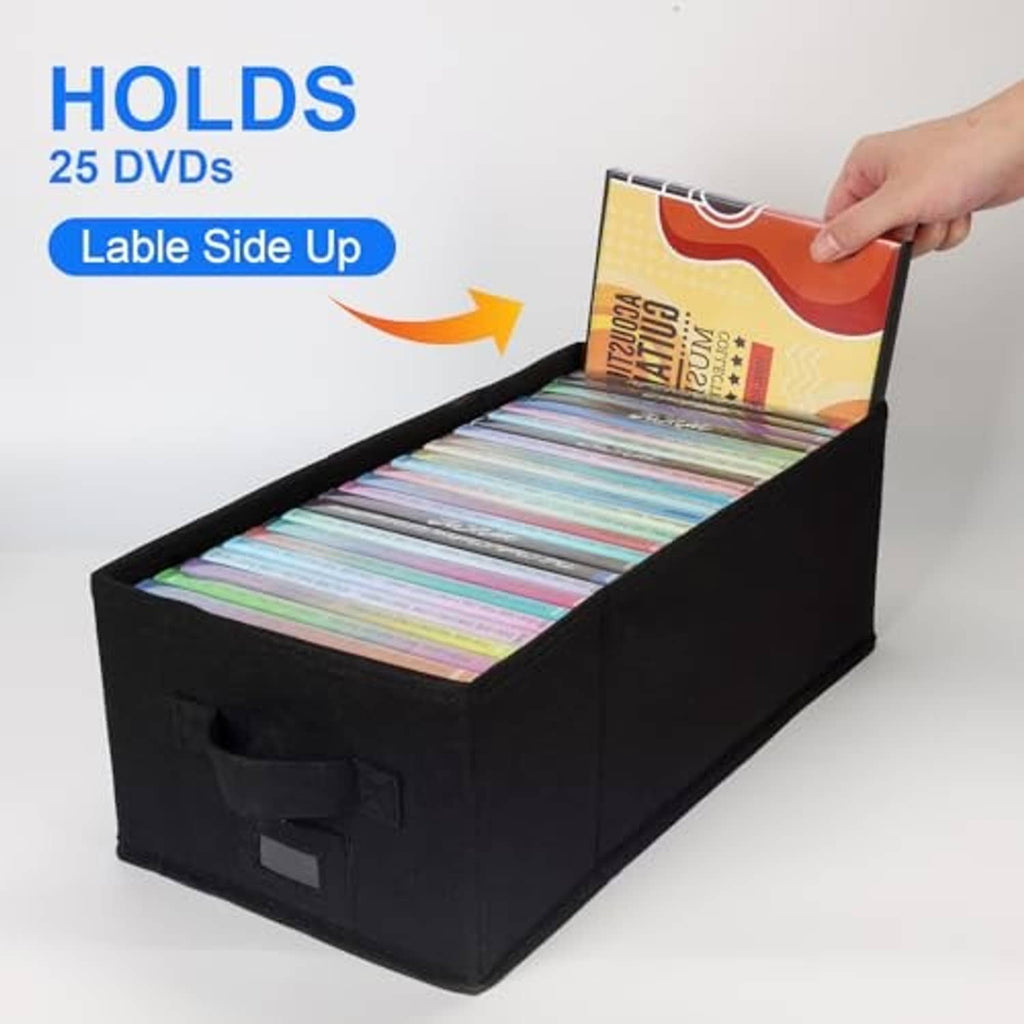 Black fabric DVD storage box with open lid and DVD compartments
