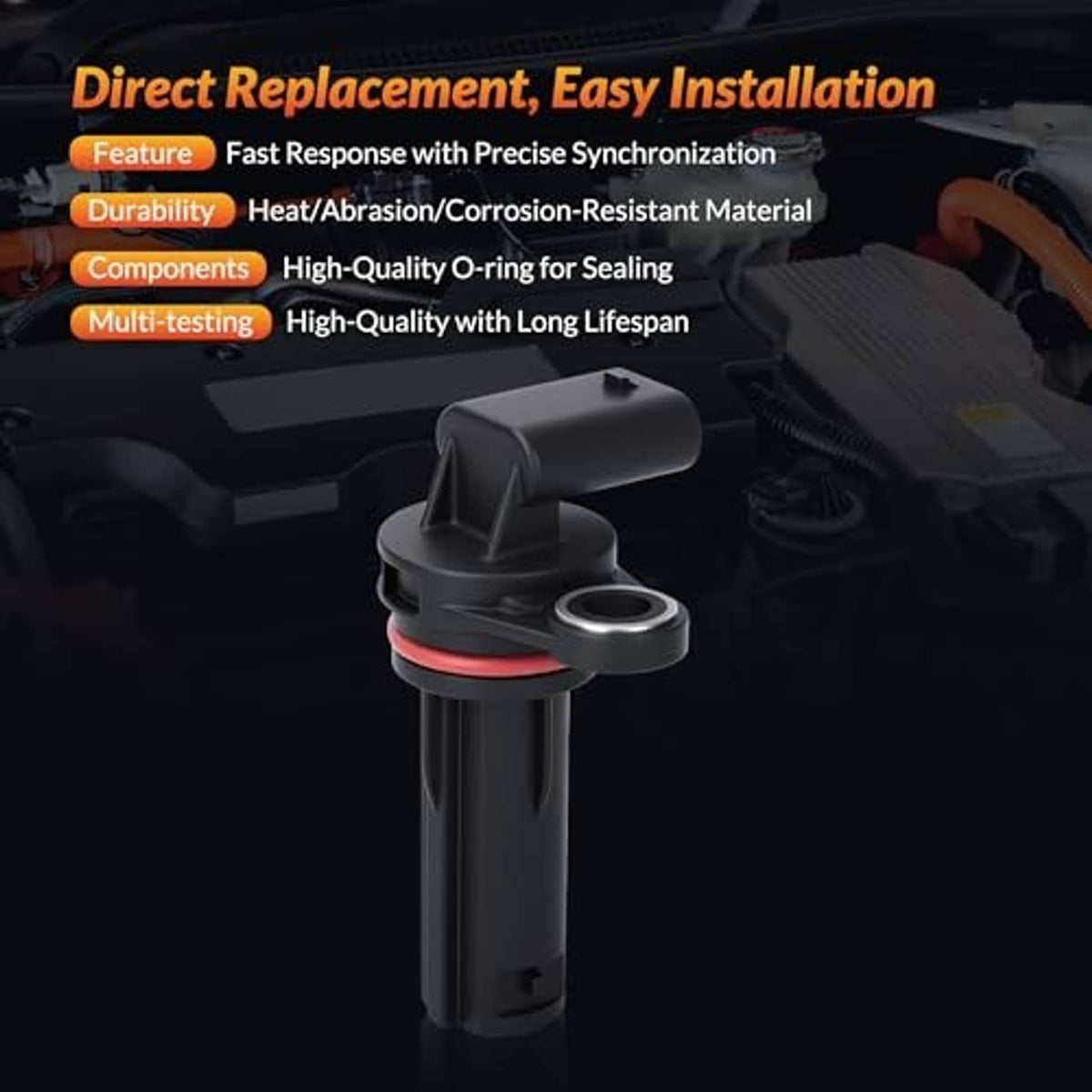 Crankshaft position sensor with black plastic housing and red O-ring seal