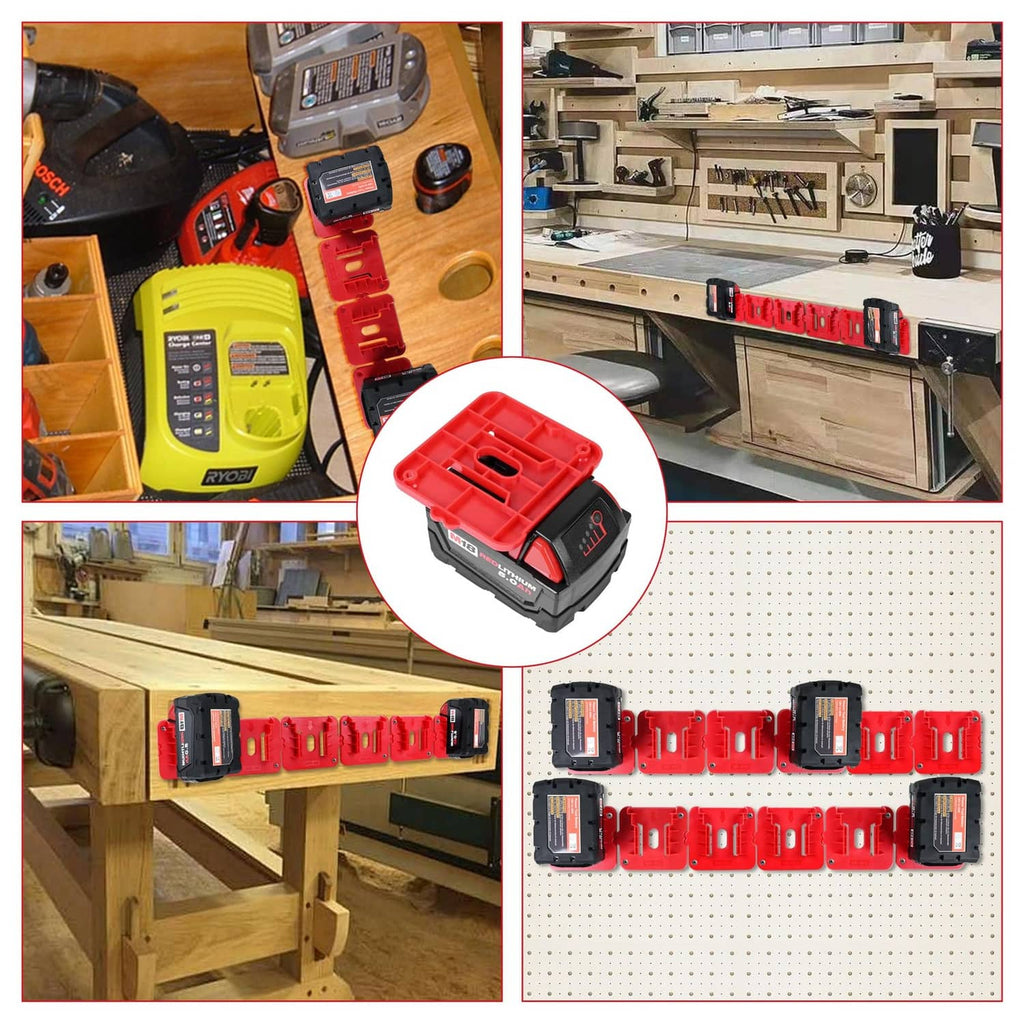 Red battery holders on workbench display with black battery modules