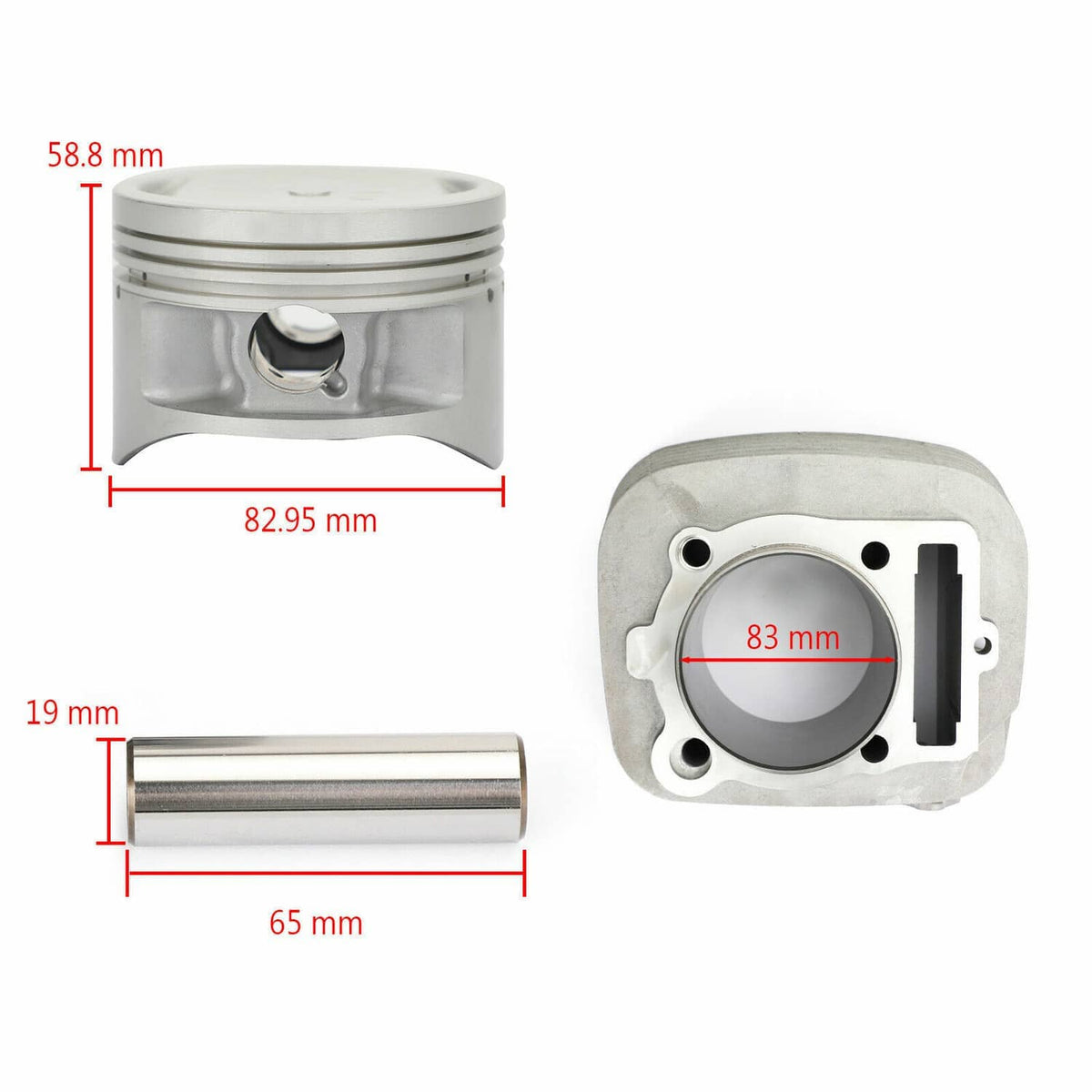 Piston and cylinder head height and diameter measurement diagram with dimensions in mm