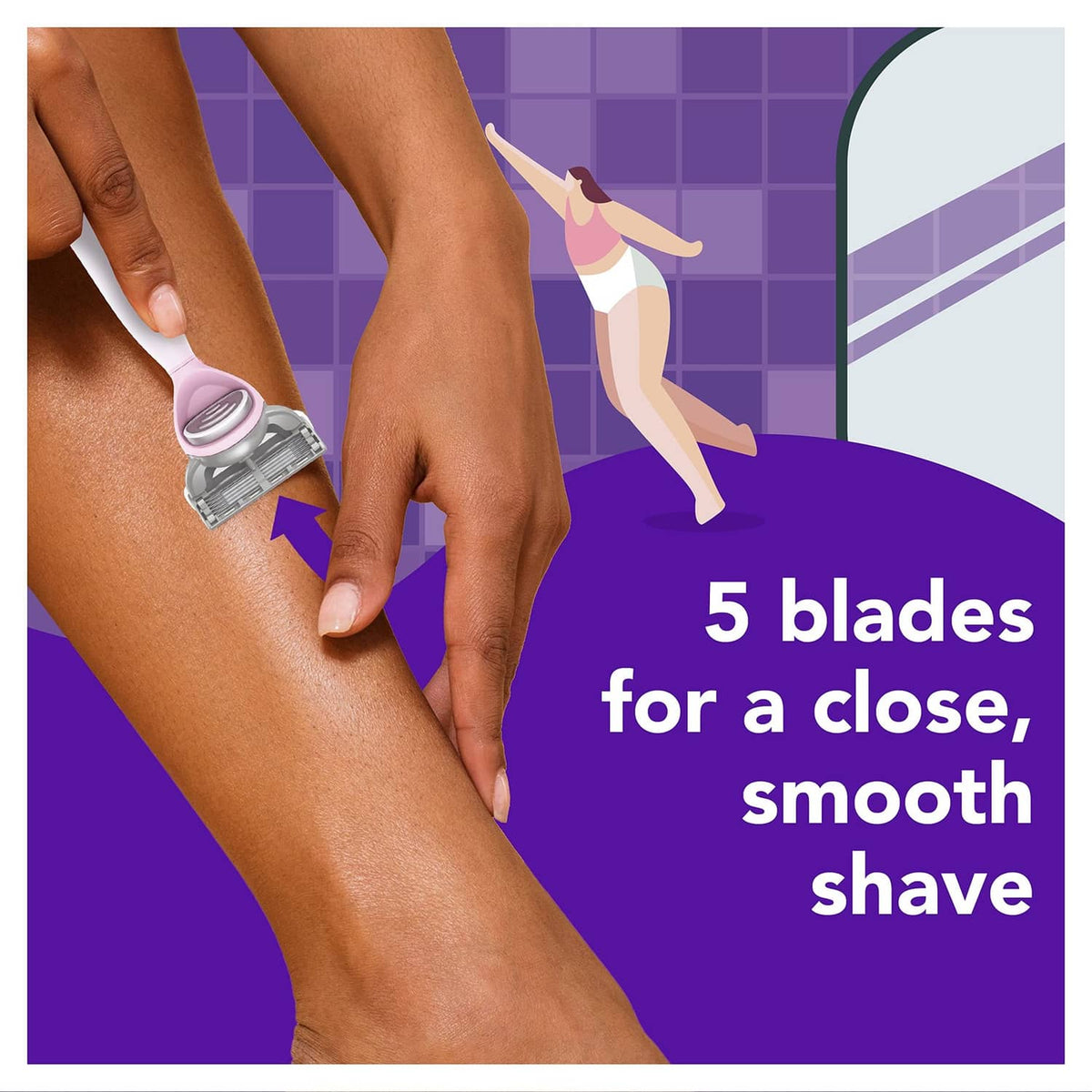 Razor blade refill cartridge used on skin, close shave with five visible blades.