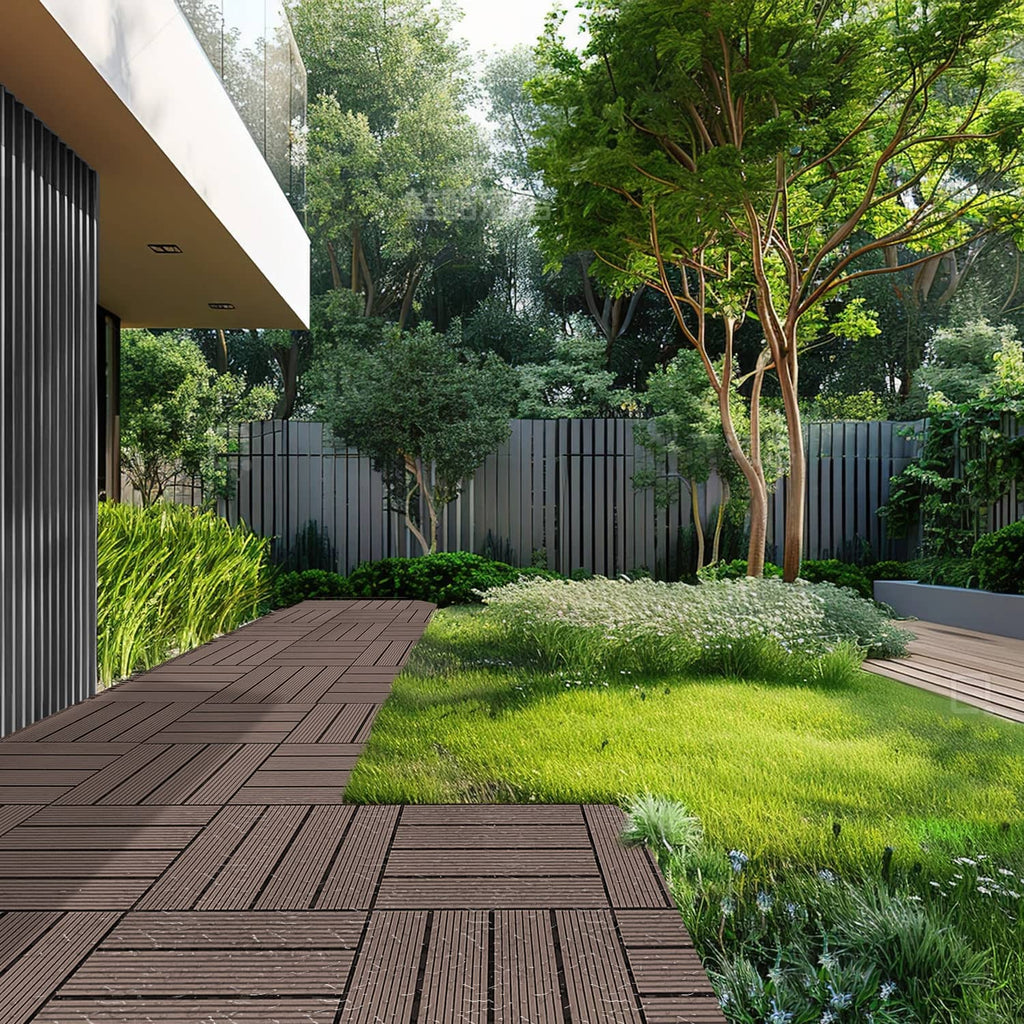 Interlocking deck tiles installed on a walkway, dark brown wood-grain square panels