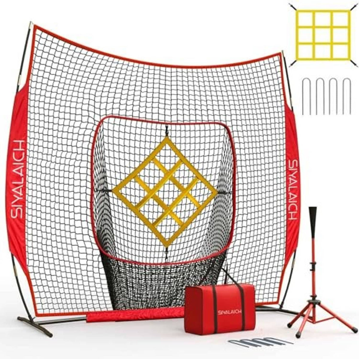 Hitting and pitching practice net with red frame, white mesh, and center yellow target