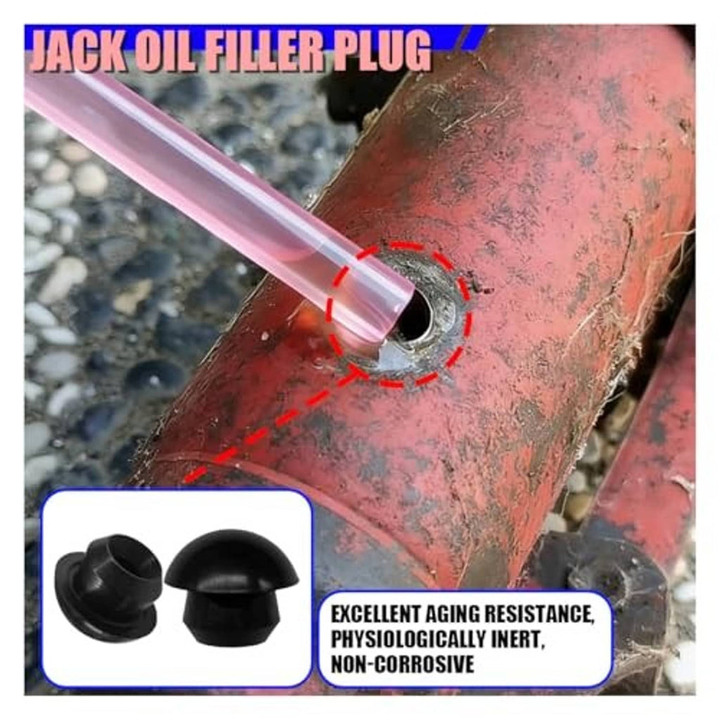 Black rubber oil filler plug inserted on red jack frame near round opening