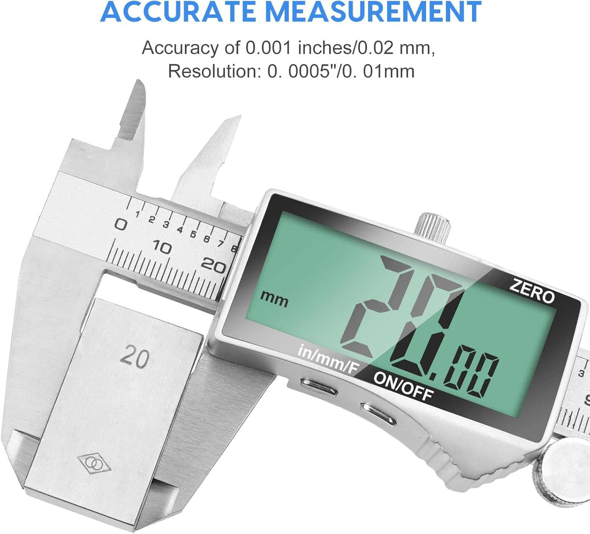 Digital caliper with green LCD screen showing measurement and inch/mm markings