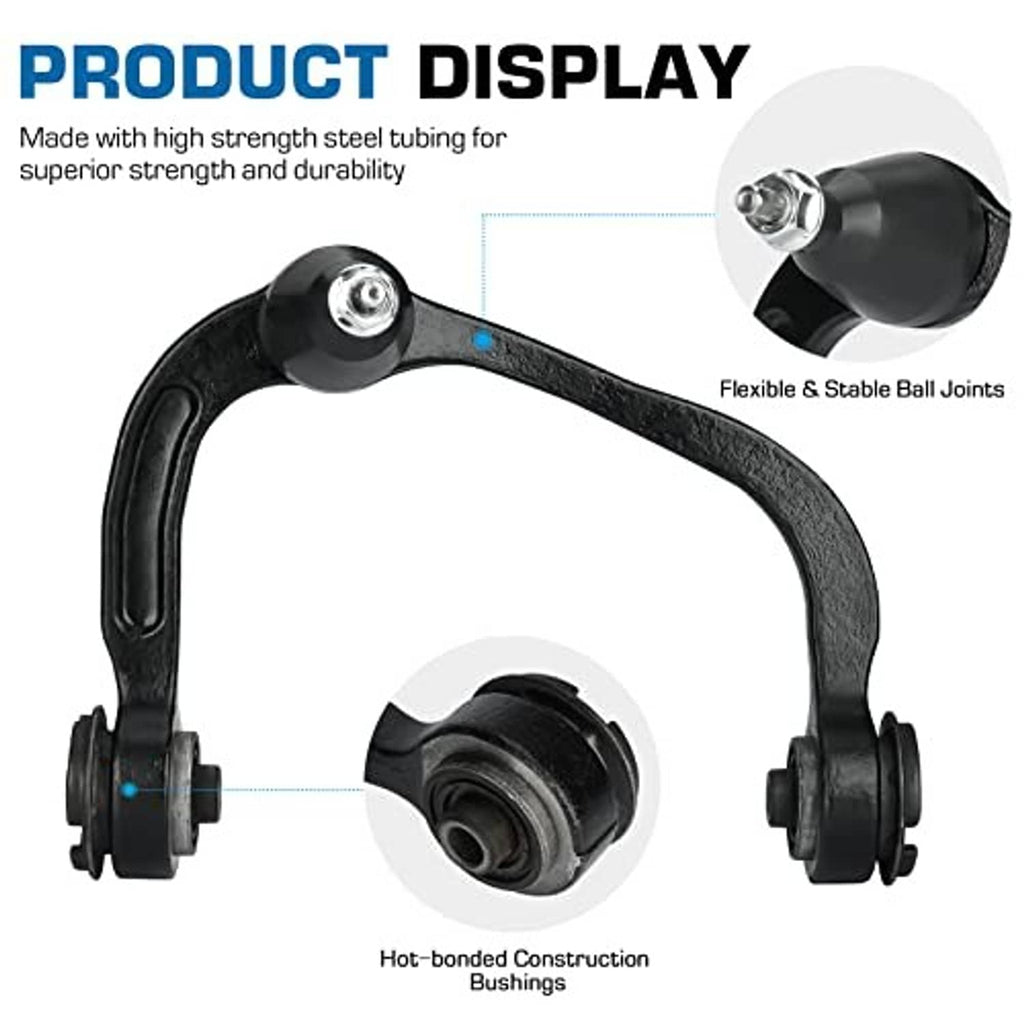 Black front upper control arm assembly with ball joint and bushing mounts
