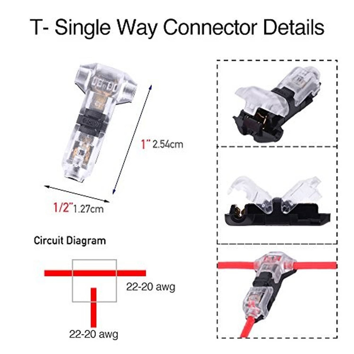T-single way wire splice connector details, clear housing with black insulation insert