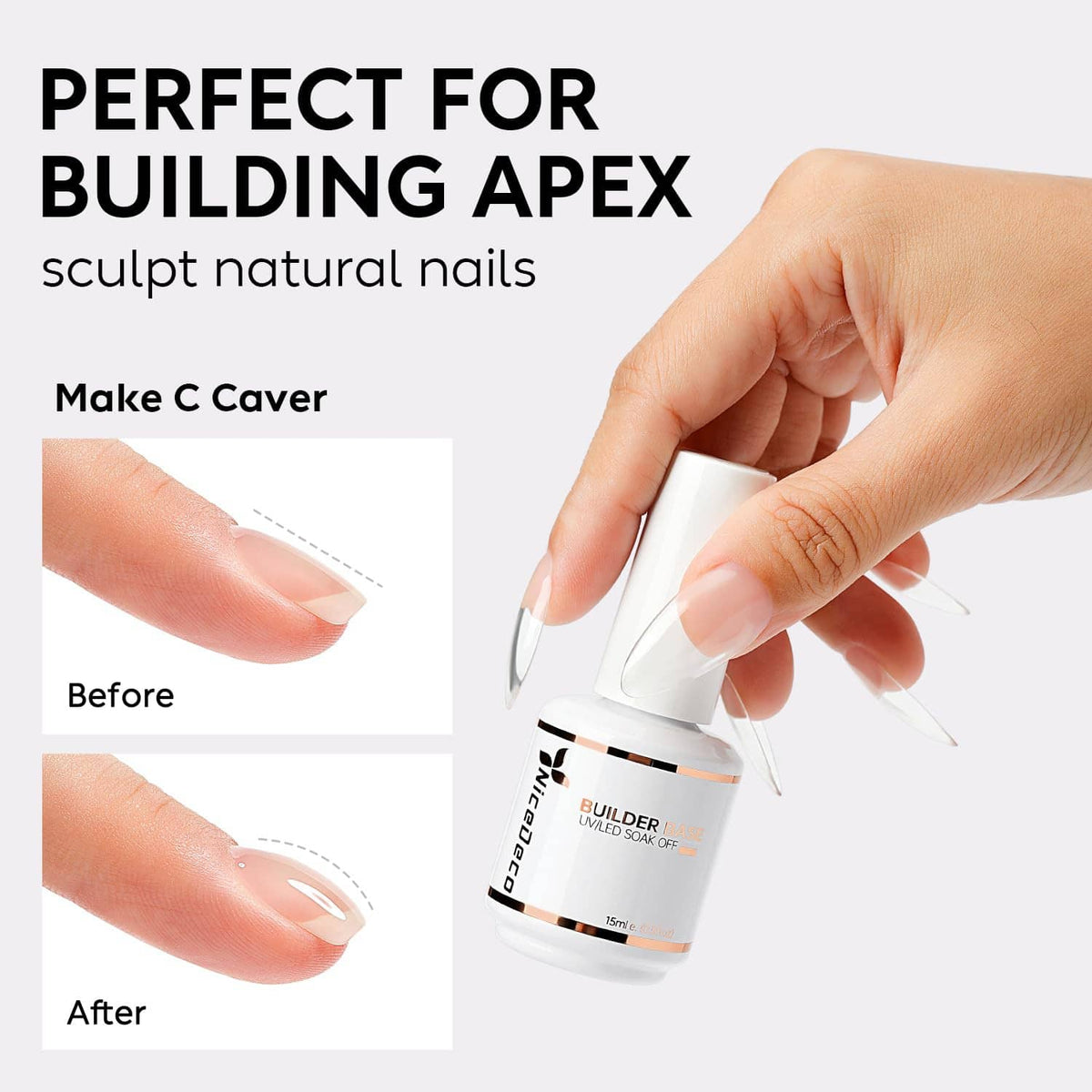 Nail builder base gel bottle used for shaping and strengthening natural nails