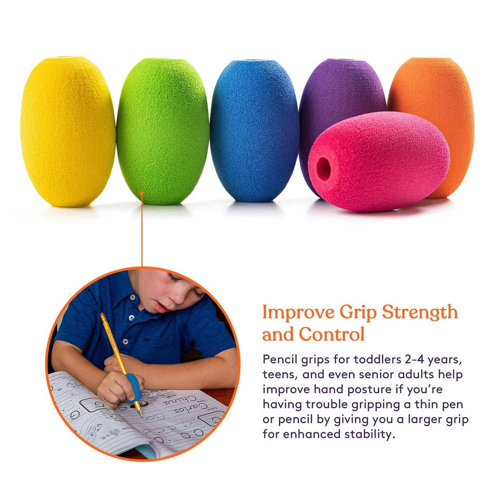 Foam egg pencil grips, six colors shown: yellow, green, blue, purple, pink, orange