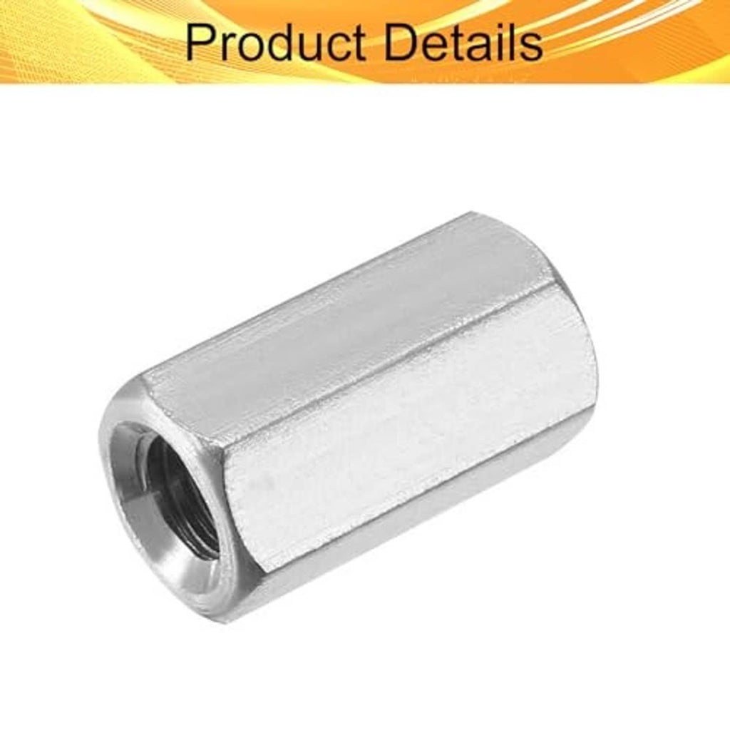 Stainless steel hex coupling nut, silver cylindrical sleeve with internal threads