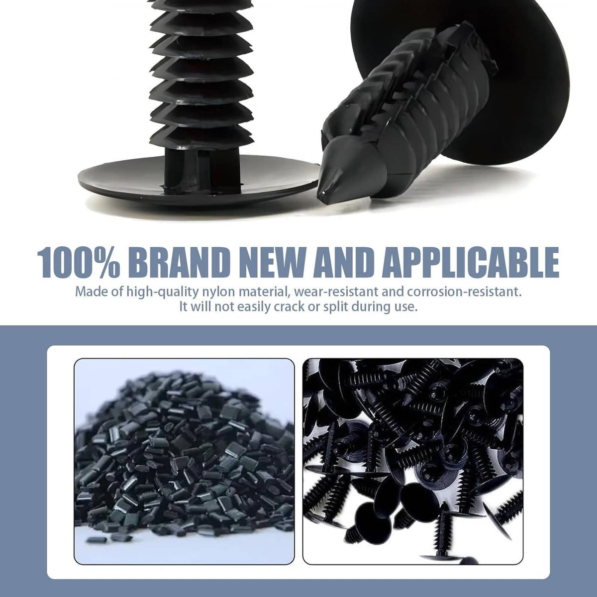 Black nylon license plate hole plugs with flat wide heads and tapered threaded pins