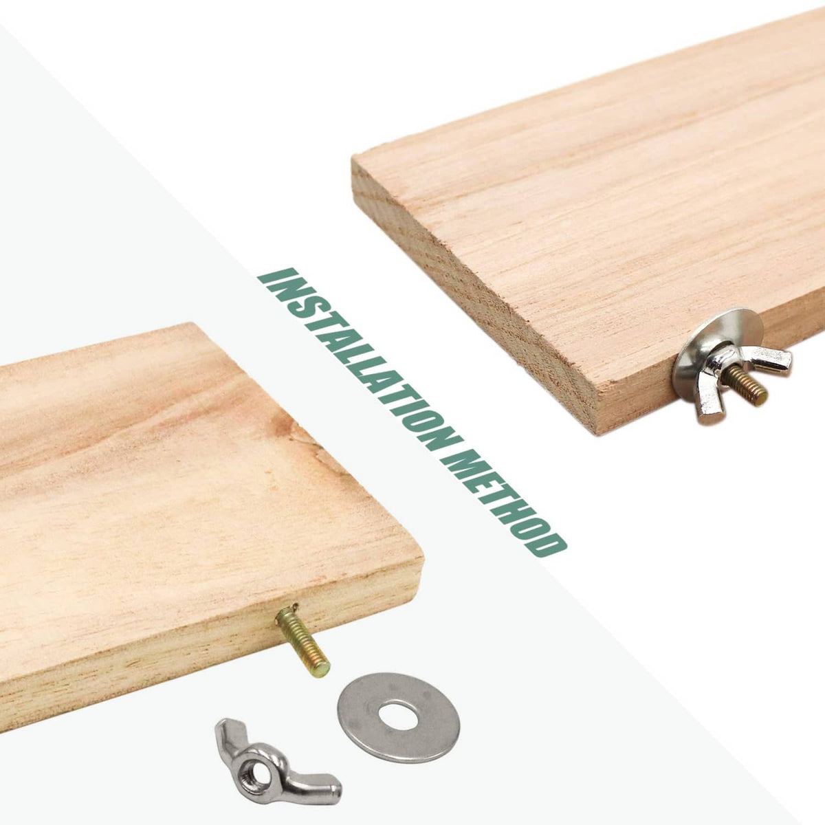 Natural wood perch board with metal mounting screw hardware components