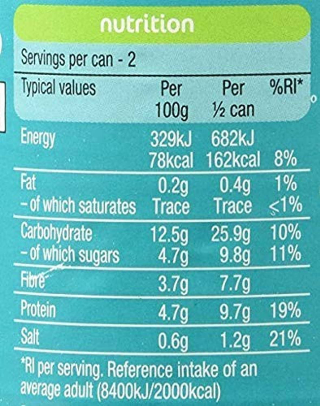 Nutrition panel for Heinz Beanz baked beans, servings and per-100g values