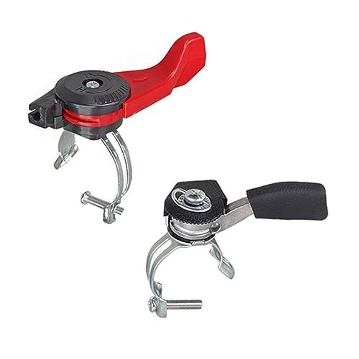 Two thumb throttle replacement levers: red with metal linkage and black rubber handle