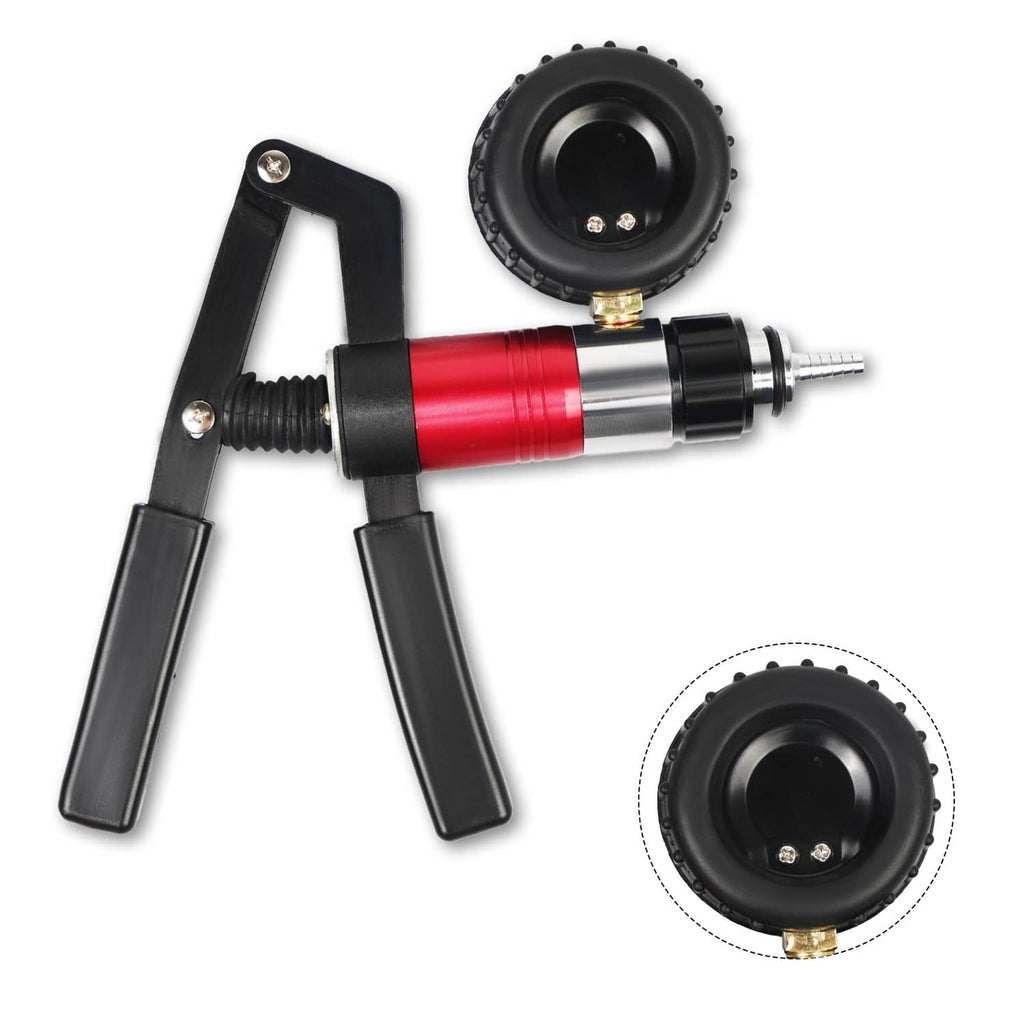 Hand-held vacuum pressure pump tester with red cylinder and round pressure gauge