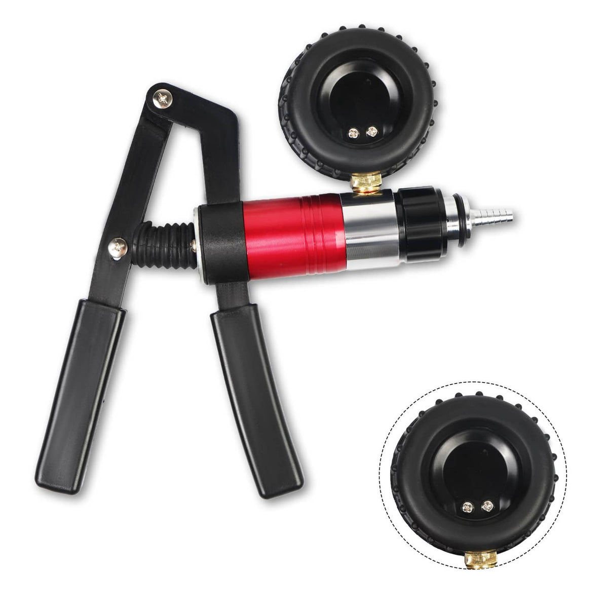 Hand-held vacuum pressure pump tester with red cylinder and round pressure gauge