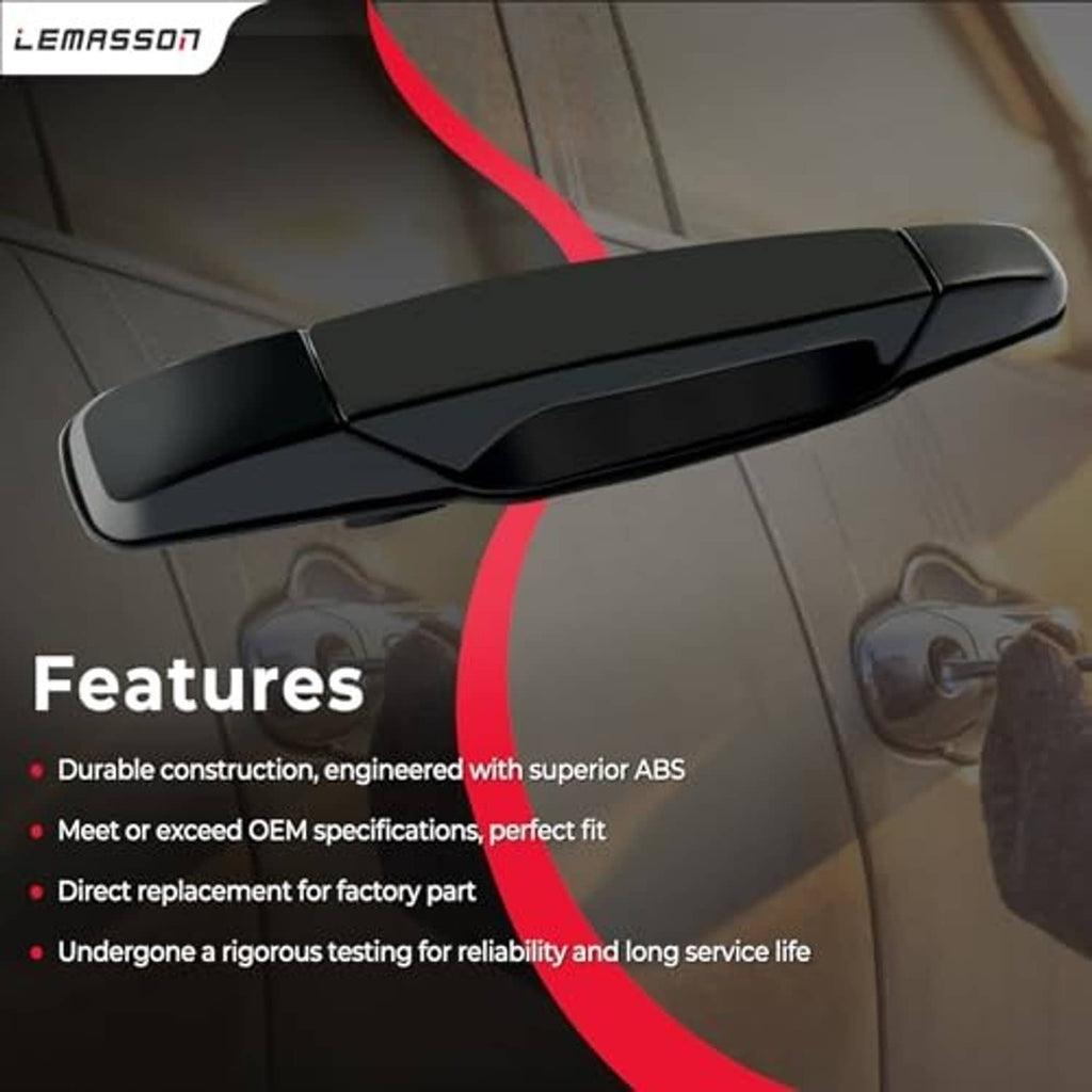 Black exterior door handle with smooth finish and amber indicator light