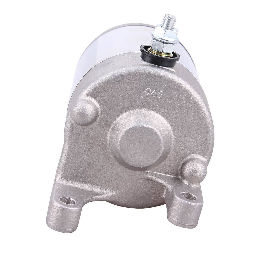 Starter motor assembly end cap close-up with top stud and round housing features