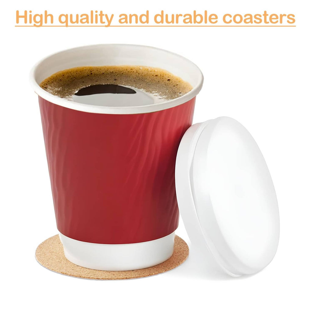 Cork cup coaster under a red drink tumbler with white rim and lid