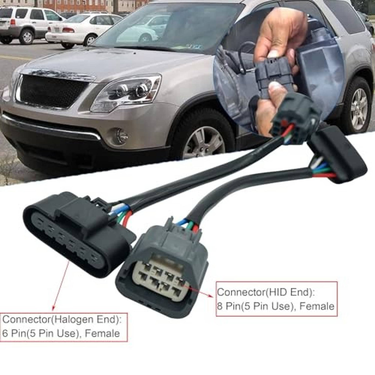 Headlight adapter wiring harness with 8-pin and 6-pin plug connectors, shown being held