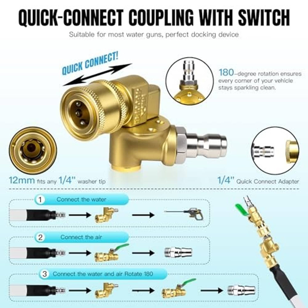 Brass quick-connect radiator hose coupling with 1/4 adapter and green-handle switch