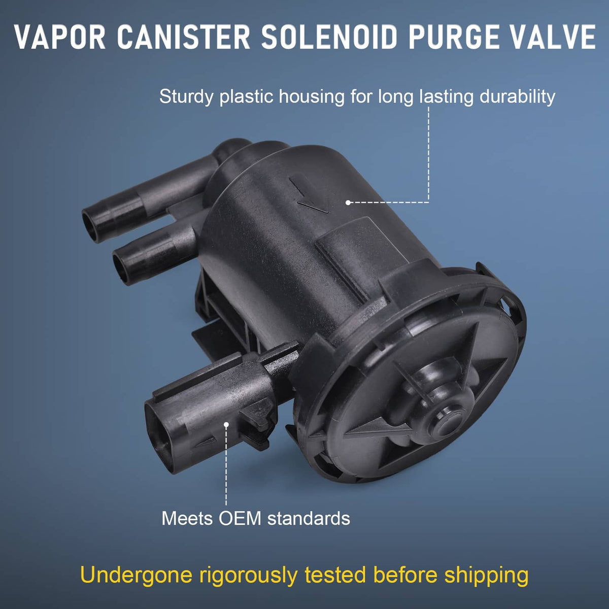 Black plastic vapor canister purge solenoid valve with molded housing and tube inlets