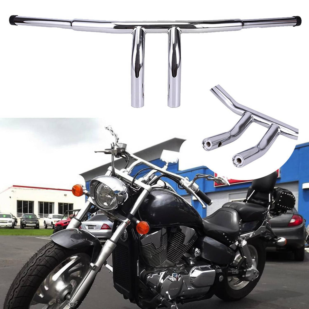 Chrome drag-style T-bar motorcycle handlebars with central riser and end grips