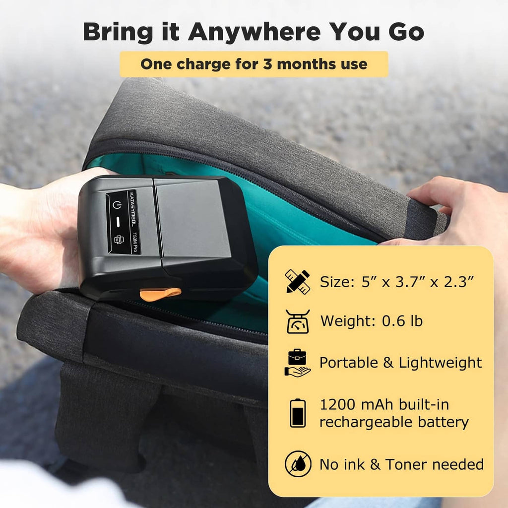 Portable black label maker held in hand, compact and rechargeable