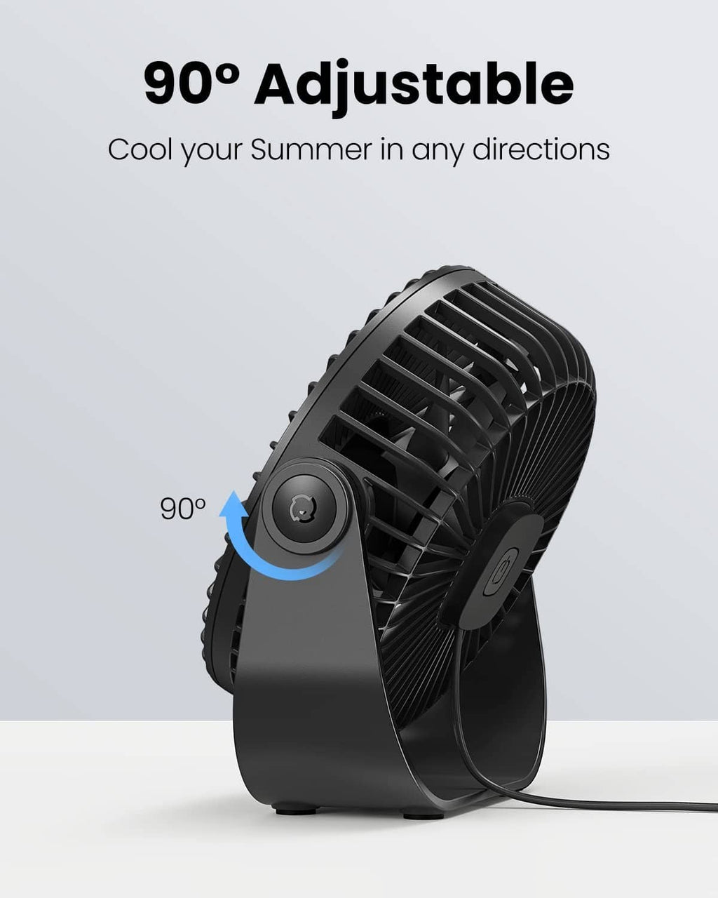 Black 90-degree adjustable USB desk fan with tilt base